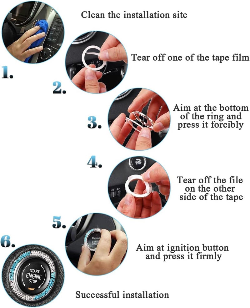 ToBeQueen Teal Bling Push Start Button Cover Emblem Sticker, Crystal Diamond Rhinestone Blue Engine Start Ring Car Decor, White and Teal Bling Car Accessories for Women,Lake Blue - Image 5